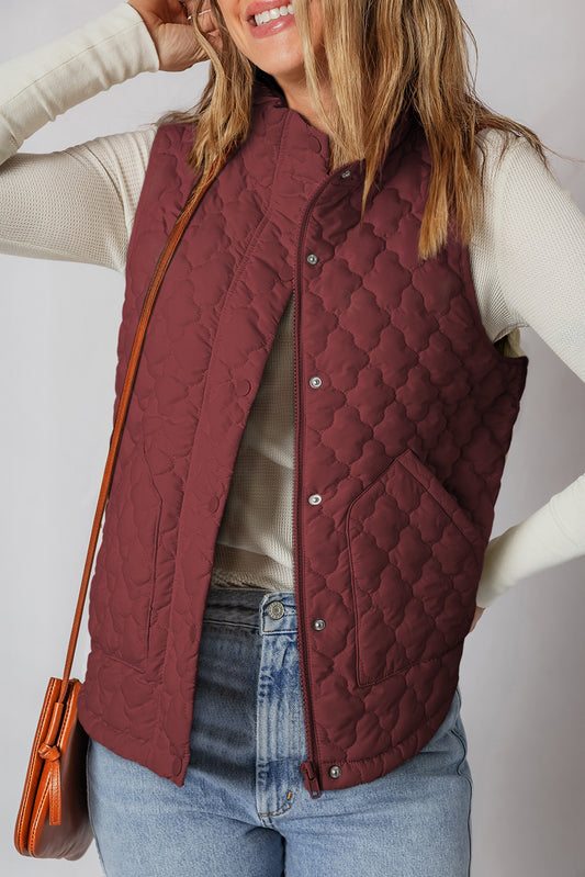 Wild Ginger Flower Shape Quilted Snap Button Zip Up Winter Vest