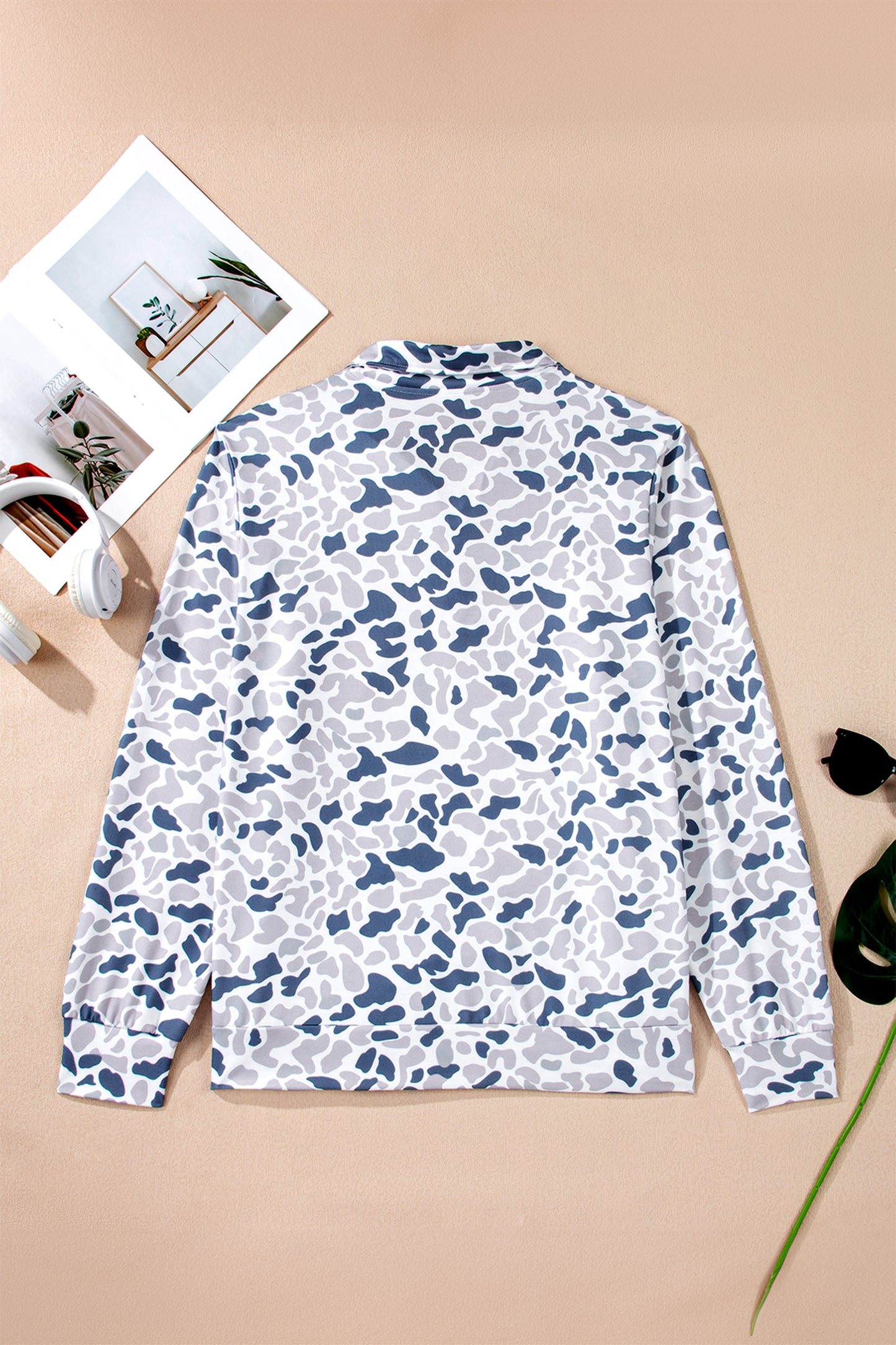 Multicolour Plus Camouflage Print Quarter Zip Kangaroo Pocket Pullover Sweatshirt
