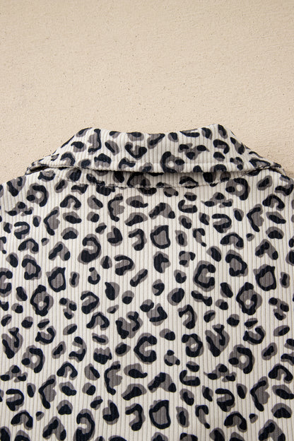 Beige Leopard Print Quarter Zip Corduroy Sweatshirt