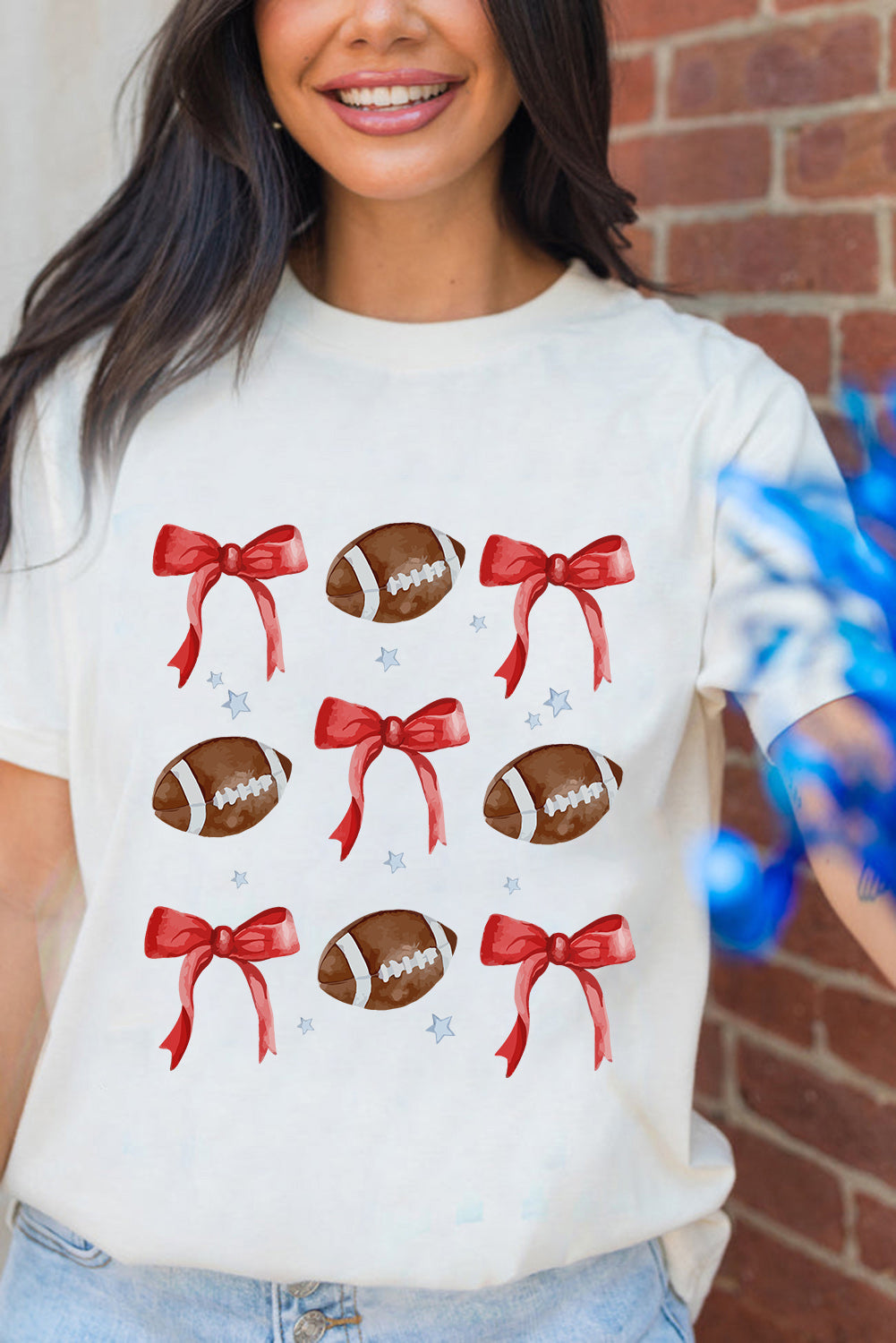 White Football and Bow Heat Transfer Printing Graphic Crewneck Tee