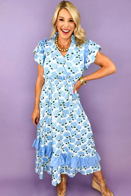 Sky Blue Hydrangea Floral Print Ruffle Trim Flutter Sleeve Long Dress