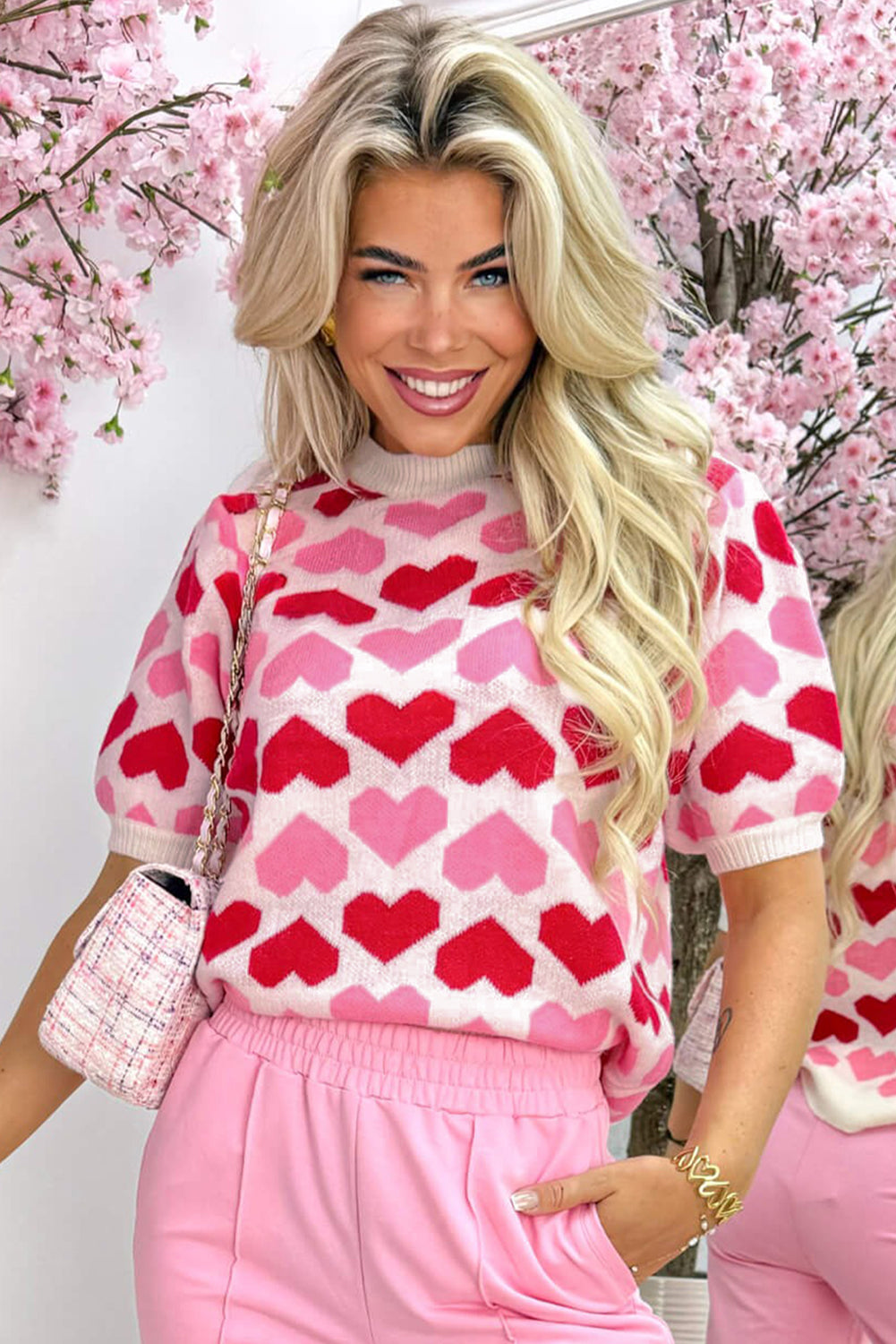 Sachet Pink Colorblock Heart Pattern Knit Top