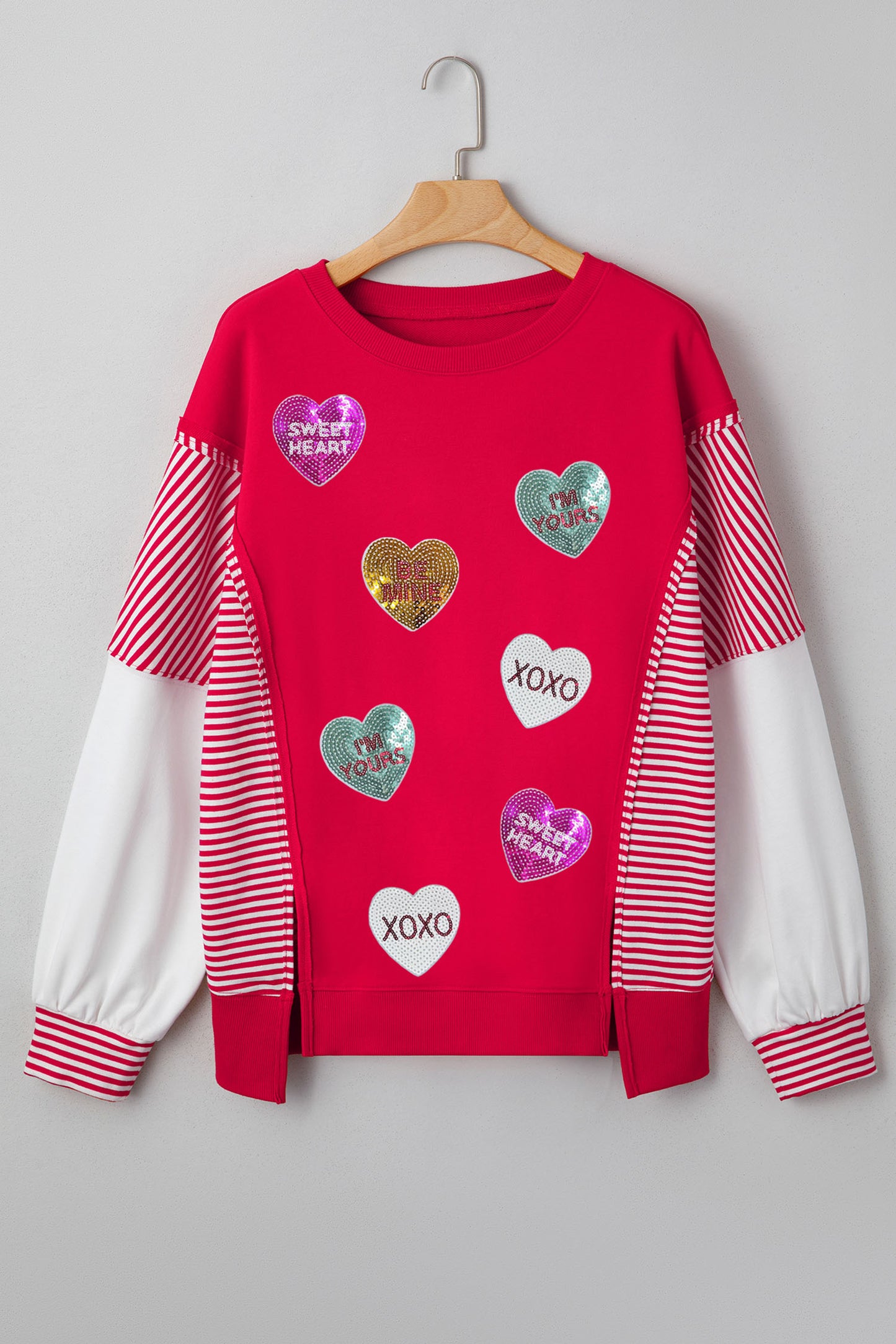 Fiery Red Valentines Day Slogan Sequin Heart Graphic Striped Color Block Patchwork Sweatshirt