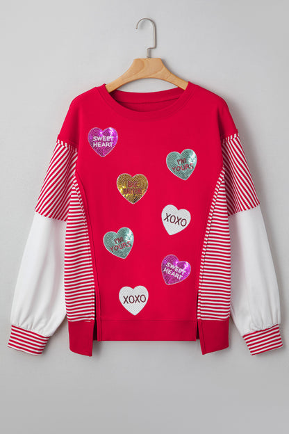 Fiery Red Valentines Day Slogan Sequin Heart Graphic Striped Color Block Patchwork Sweatshirt