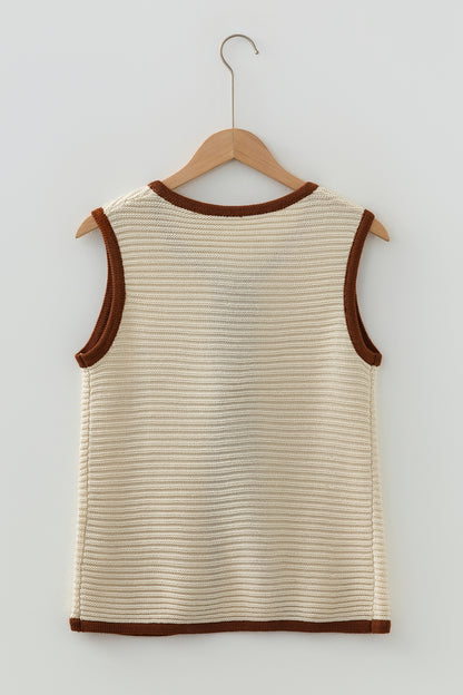 White Horizontal Ribbed Knit Contrast Trim Ties Front Sweater Vest