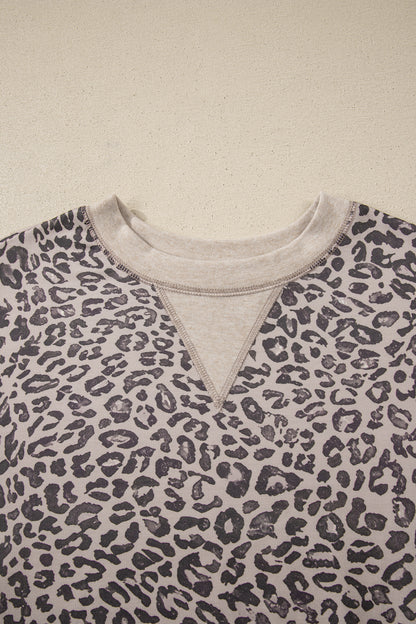 Khaki Leopard Print Patchwork Crew Neck Sweatshirt
