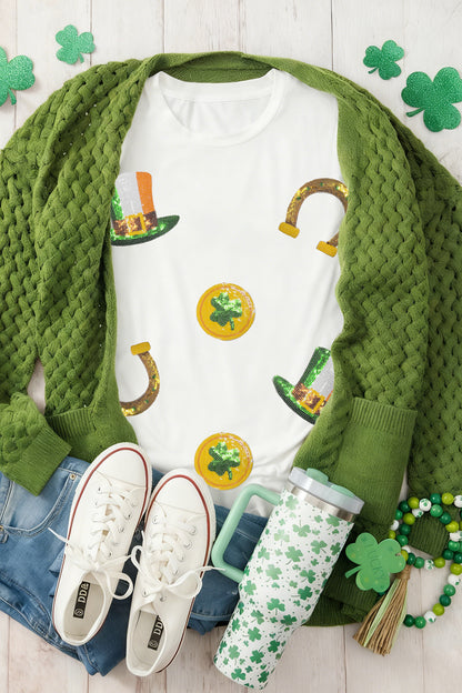 White St Patricks Day Sequin Graphic Casual T Shirt
