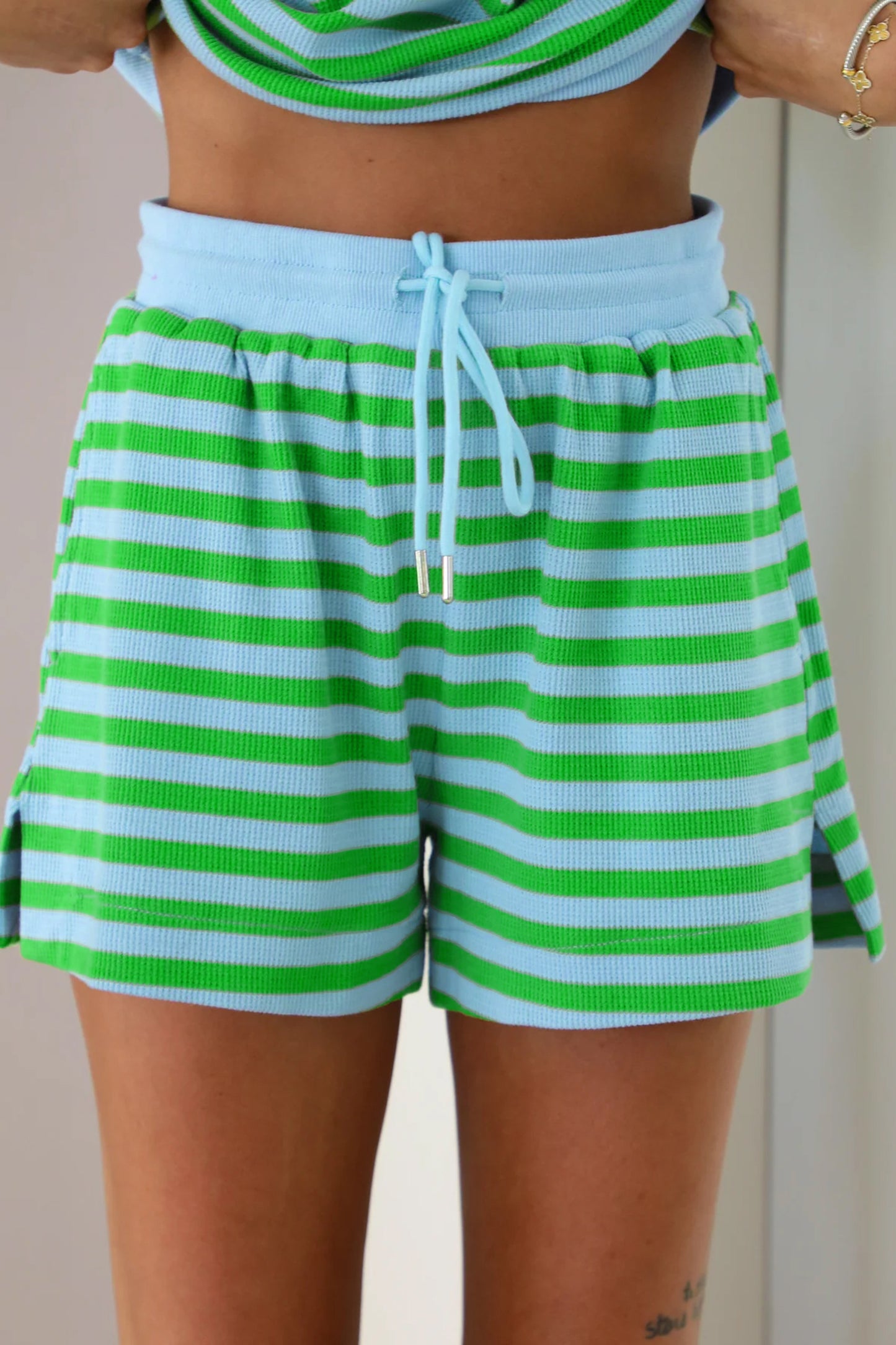 Green Stripe Puff Short Sleeve T Shirt Matching Shorts Set
