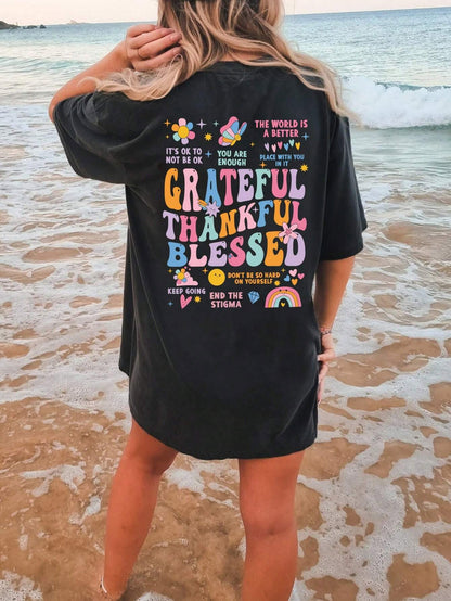 Grateful Thankful Blessed Graphic Round Neck Short Sleeve T-Shirt