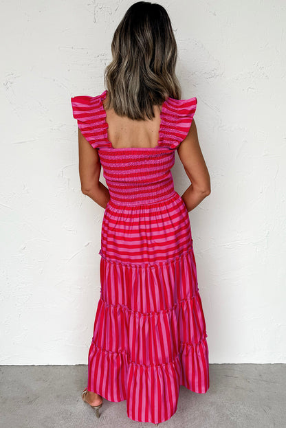 Rose Stripe Ruffle Strap Shirred Bodice Tiered Maxi Dress