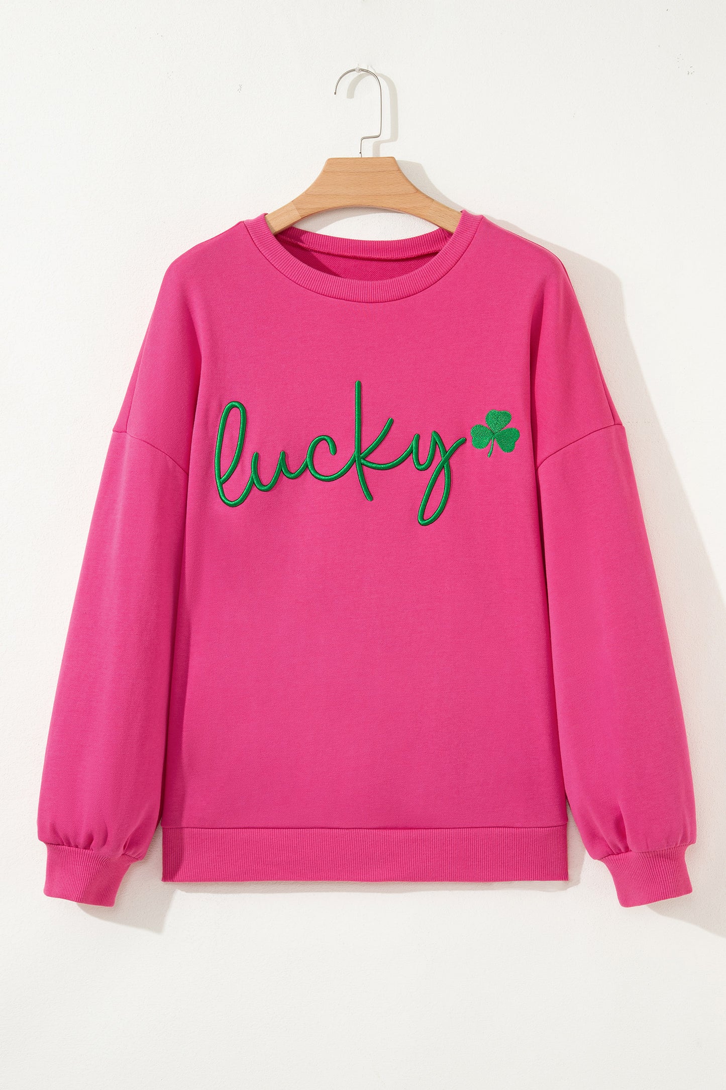 Rose Red Lucky Clover Embroidered Loose Pullover Sweatshirt