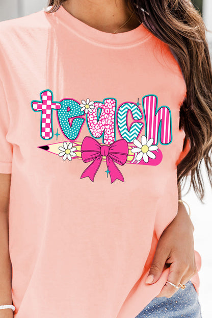 Pink Retro Checkered teach and Bow Pencil Heat Transfer Printing Graphic T Shirt