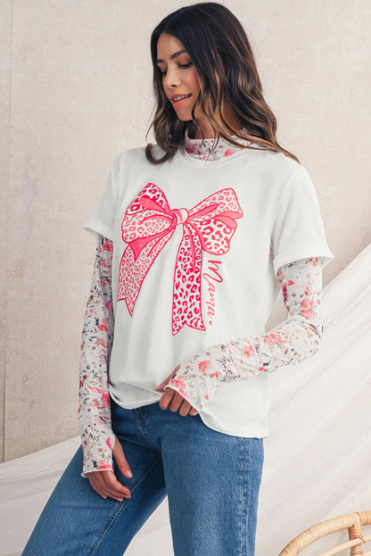 White Leopard Bowknot Graphic Crew Neck Tee