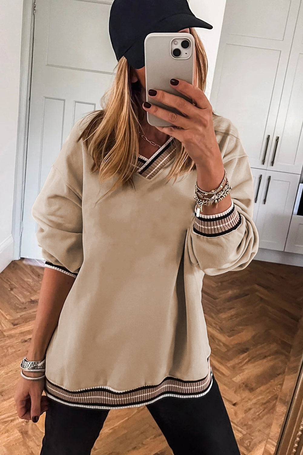 Parchment Varsity Contrast Trim V Neck Sweatshirt