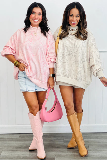 Pink Camo Print Mock Neck Loose Sweatshirt