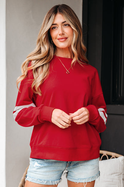 Navy Blue Varsity Striped Detail Drop Shoulder Oversized Sweatshirt
