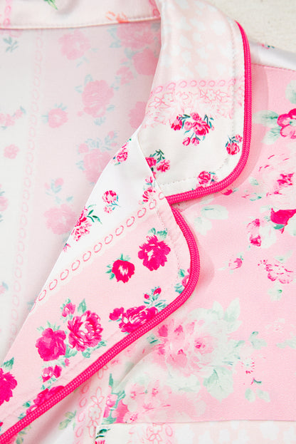 Pink Mixed Floral Print Contrast Piping Trim Satin Tie Pajama Set