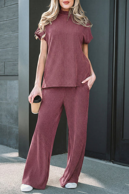 Burgundy Twisted Ribbed High Neck Loose Tee Elastic High Waist Loose Pant Set