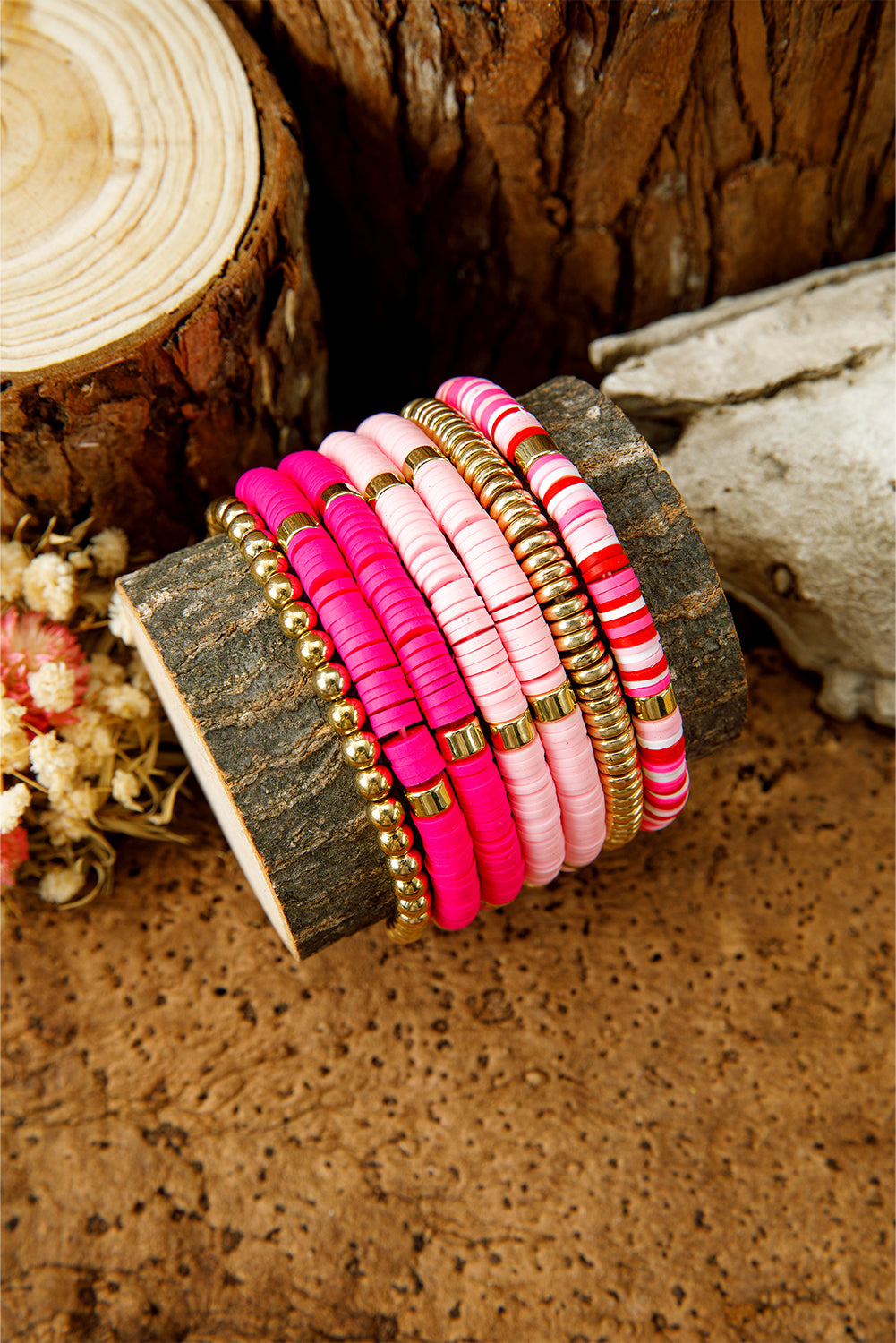 Bright Pink 7pcs Color Block Beaded Bracelet Set