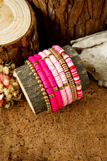 Bright Pink 7pcs Color Block Beaded Bracelet Set