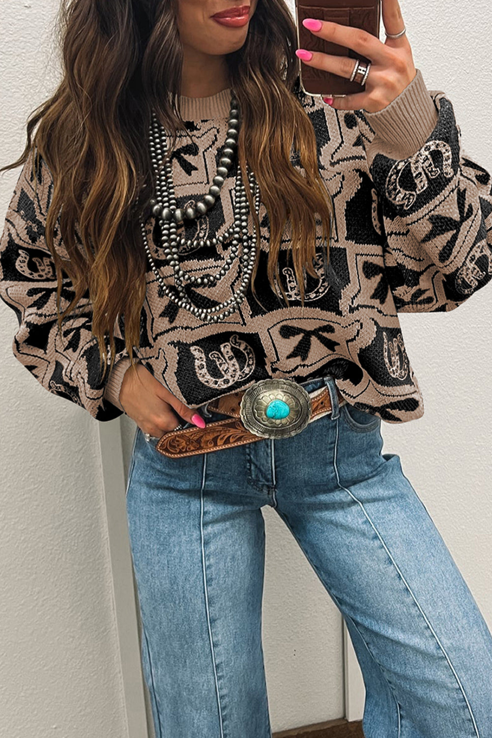 Black Colorblock Bow Pattern Drop Sleeve Sweater