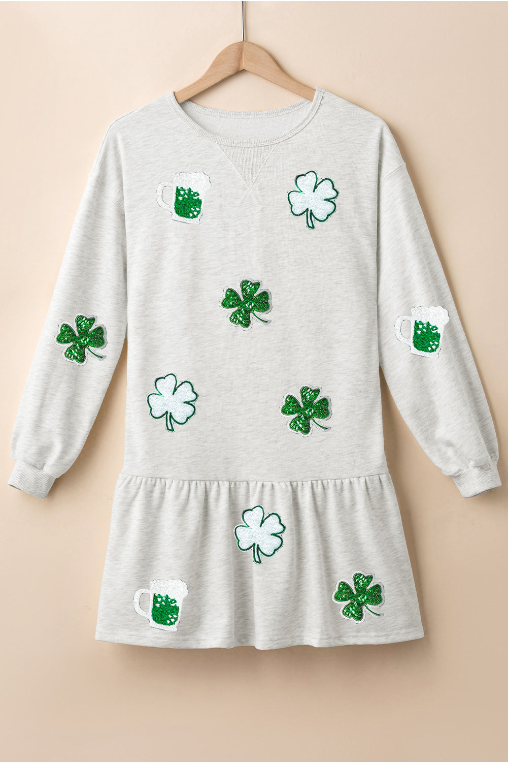 Casual St Patricks Clover Beer Patched Graphic Ruffle Hem Dress