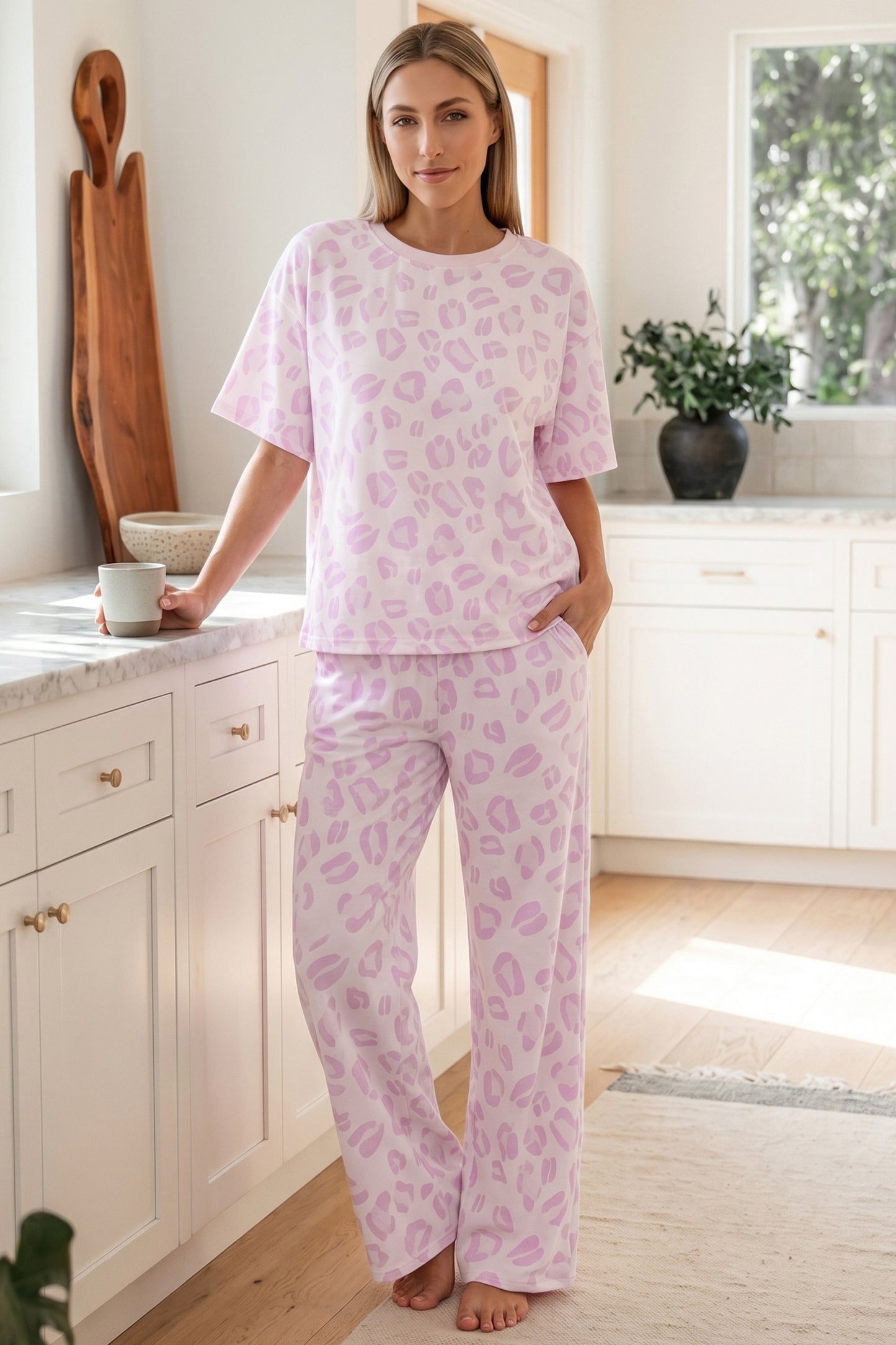 Pink Leopard Two Piece Top and Pants Set