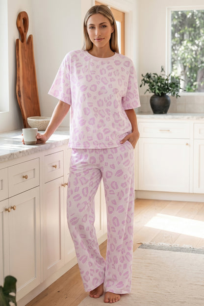 Pink Leopard Two Piece Top and Pants Set