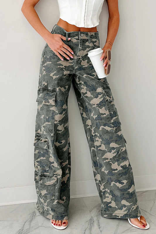 Green Camo Denim Cargo Wide Leg Pants