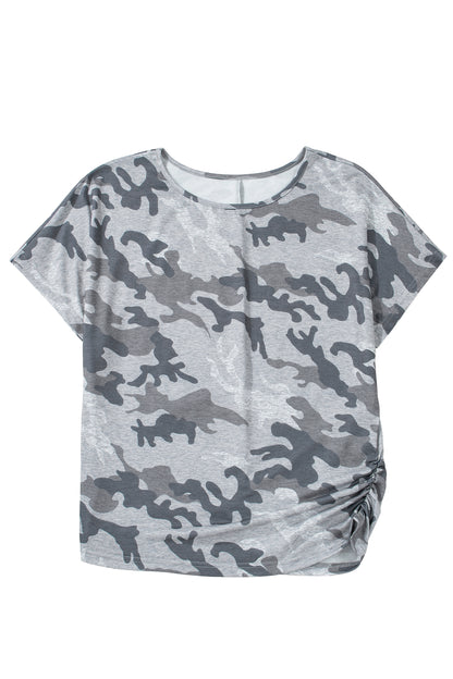 Gray Camouflage Print Round Neck T Shirt
