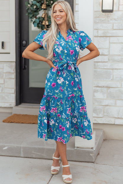 Blue Floral Flutter Sleeve Button Tie Split Neck Belted Long Dress
