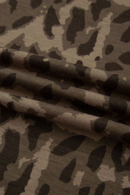 Brown Leopard Print Raw Seam Patchwork Pullover Drawstring Loose Pant Set