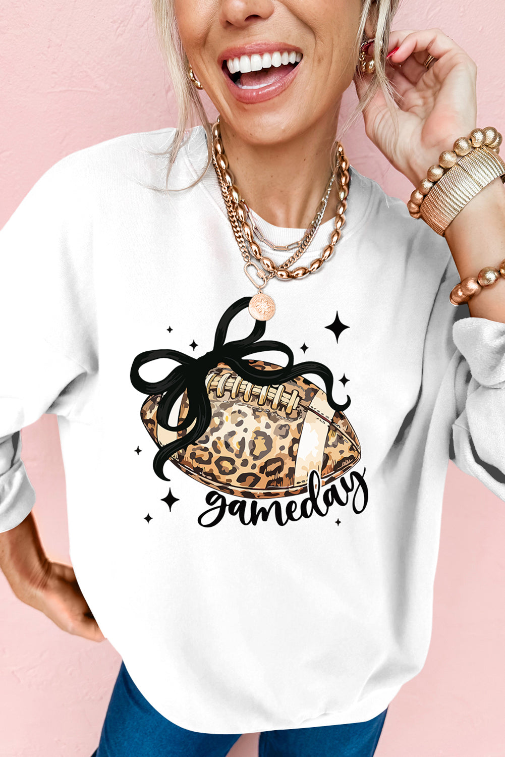 White Game Day Leopard Football Graphic Heat Transfer Printing Crew Neck Sweatshirt