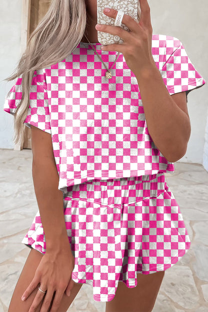 Pink Checkerboard T Shirt and High Waist Skorts 2 Piece Outfit