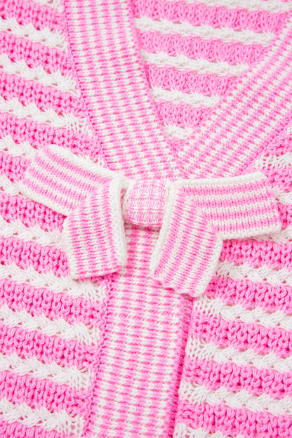 Green Stripe Short Sleeve Knit V Neck Bow Knot Sweater