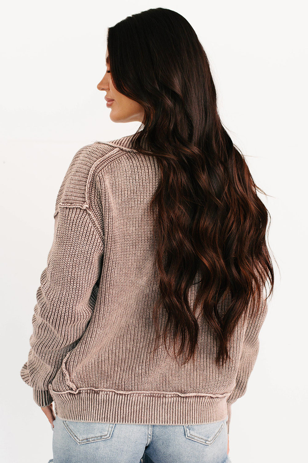 Dark Brown Mineral Wash Exposed Seam Patchwork Knit Open Sweater Cardigan