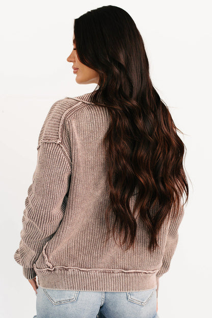 Dark Brown Mineral Wash Exposed Seam Patchwork Knit Open Sweater Cardigan