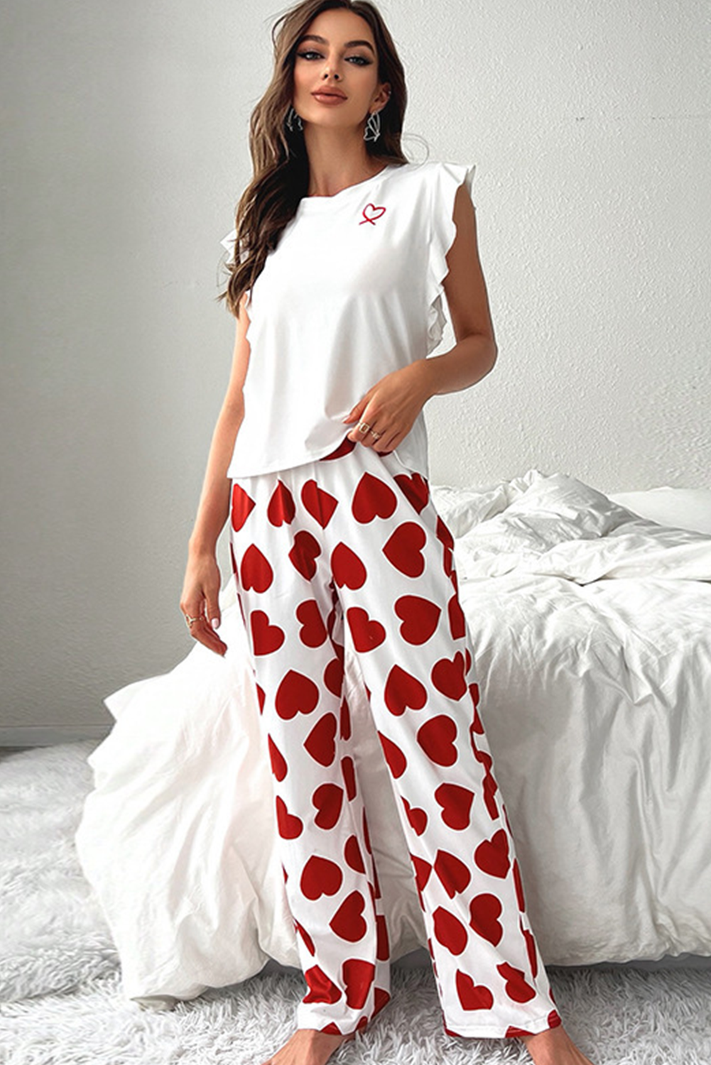 Pink Ruffled Tank Top And Heart Print Pants Lounge Set