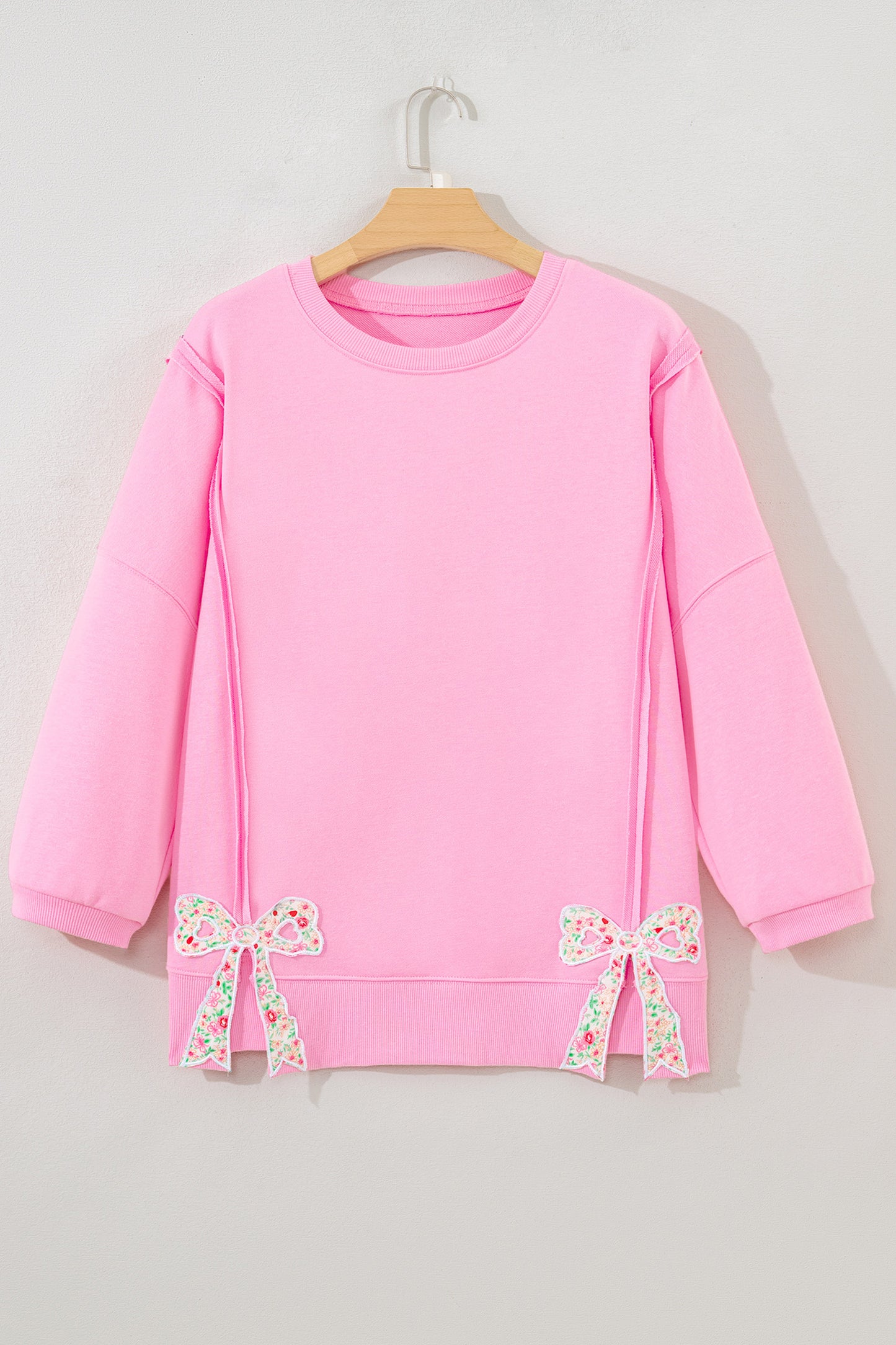 Fiery Red Floral Bow Patched Exposed Seam Patchwork Slit Baggy Sweatshirt