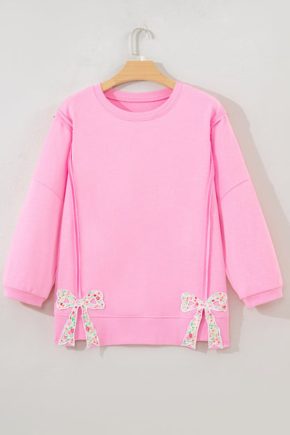 Fiery Red Floral Bow Patched Exposed Seam Patchwork Slit Baggy Sweatshirt