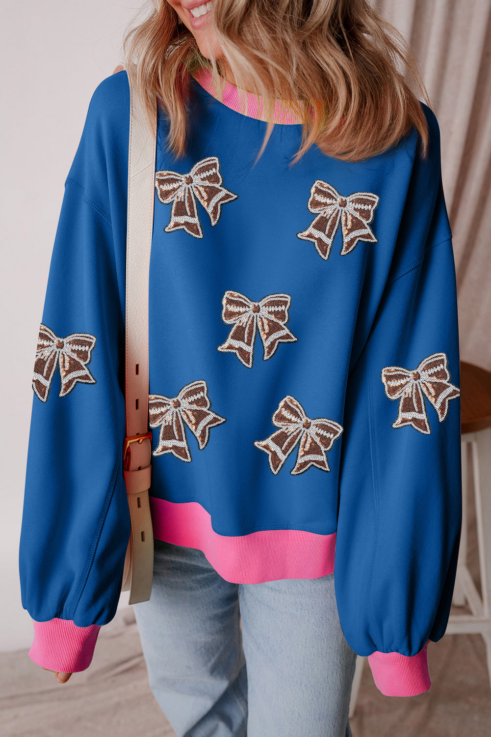 Blue Sequins Patch Bow Colorblock Round Neck Game Day Sweatshirt