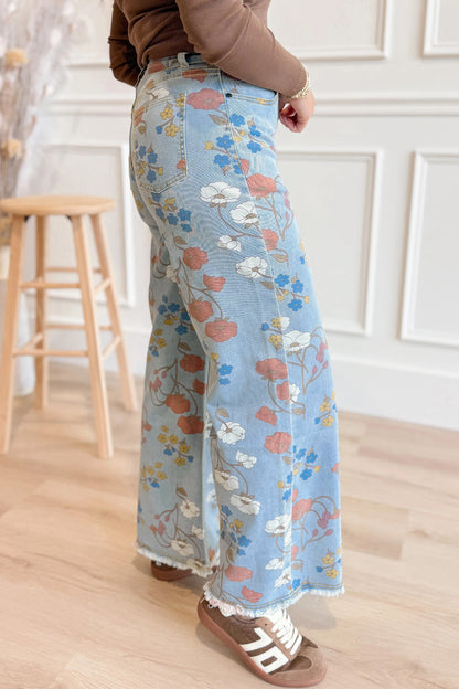 Sky Blue Floral Printed Raw Hem Shift Jeans