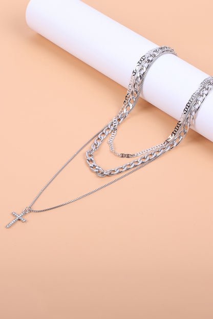 Silvery Rhinestone Cross Pendant Multi Layer Stacked Chain Necklace