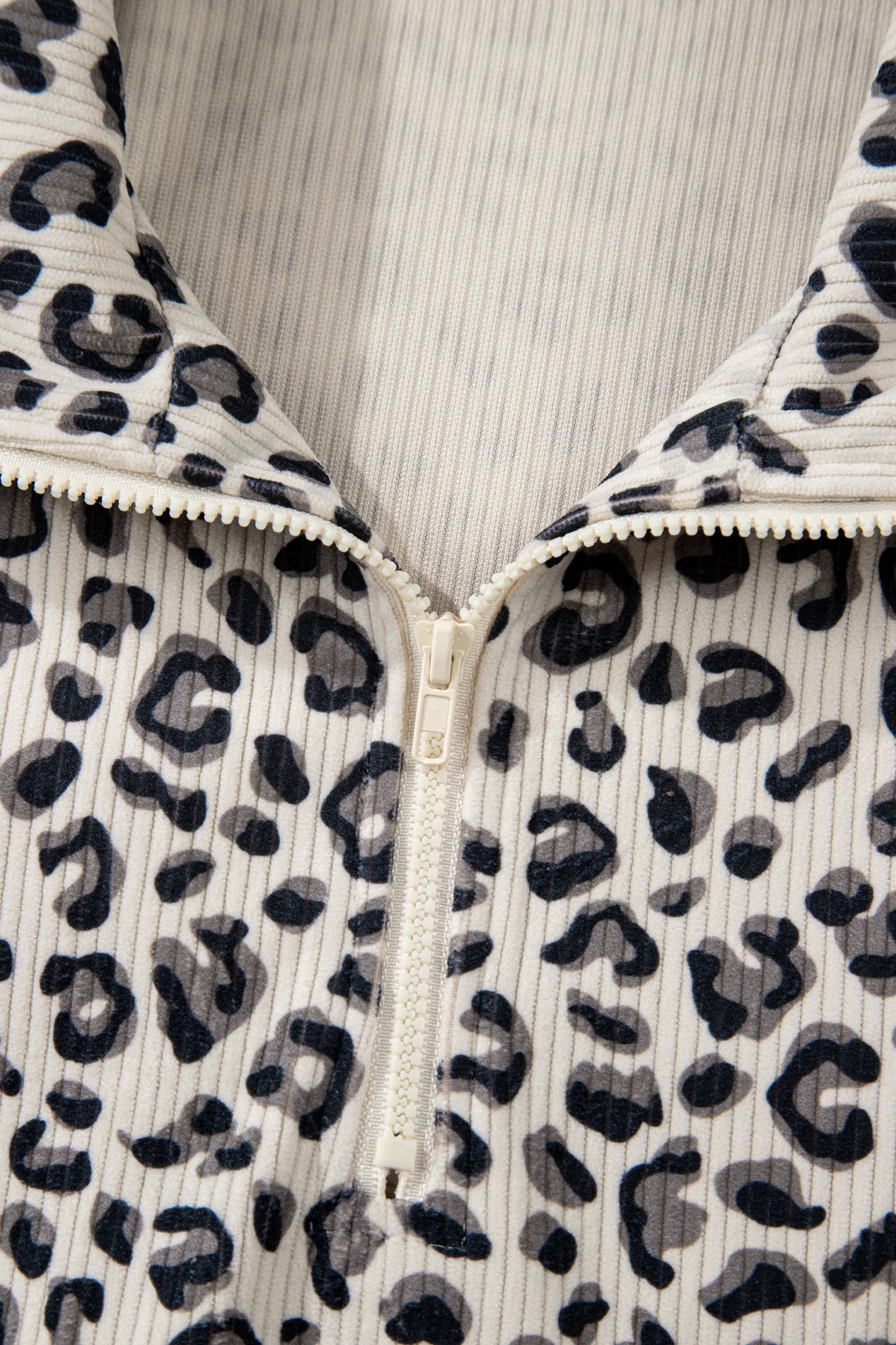 Beige Leopard Print Quarter Zip Corduroy Sweatshirt