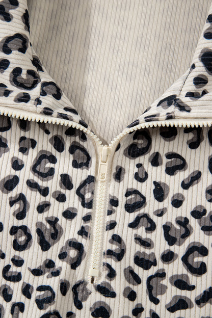Beige Leopard Print Quarter Zip Corduroy Sweatshirt