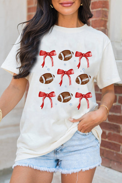 White Football and Bow Heat Transfer Printing Graphic Crewneck Tee