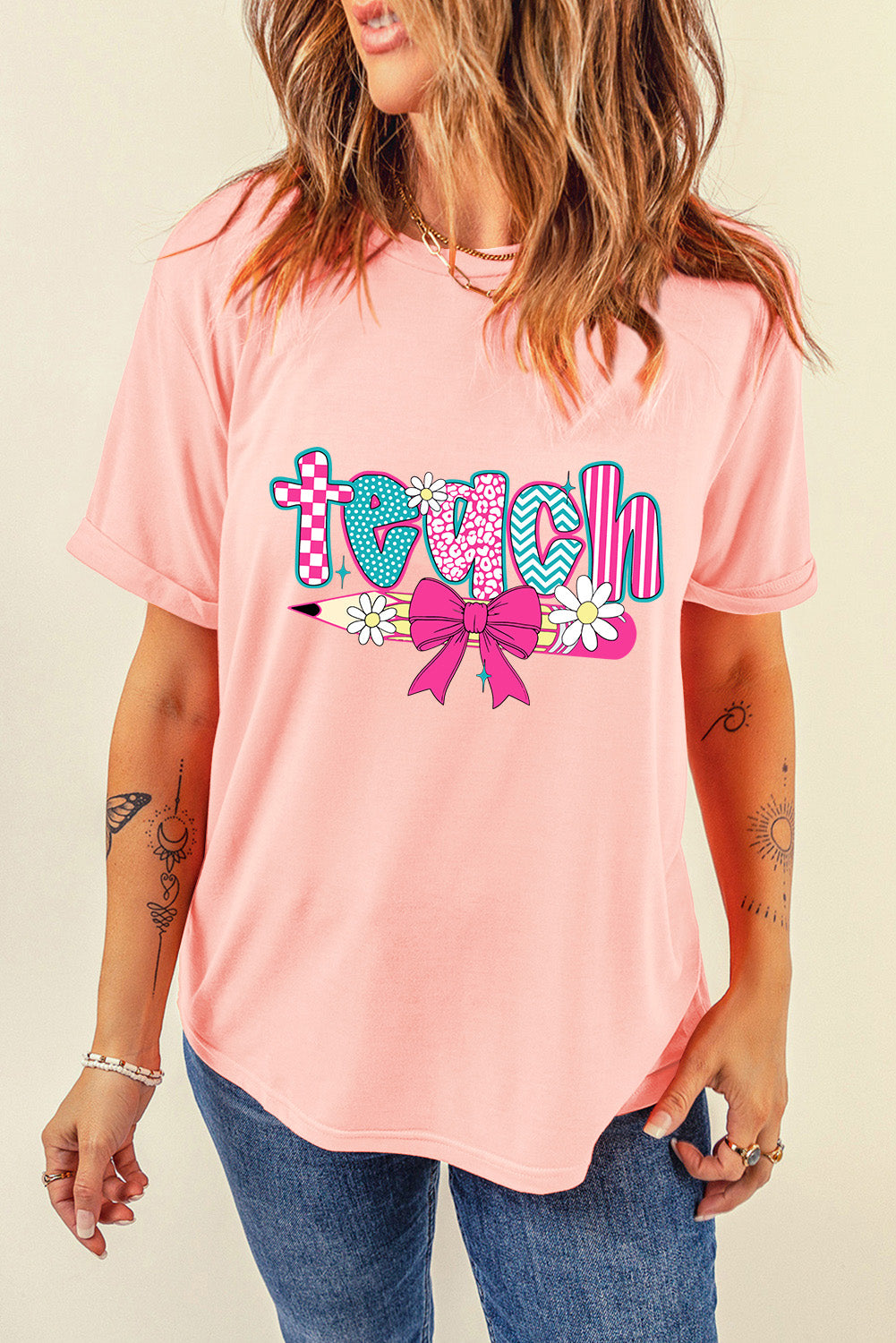 Pink Retro Checkered teach and Bow Pencil Heat Transfer Printing Graphic T Shirt
