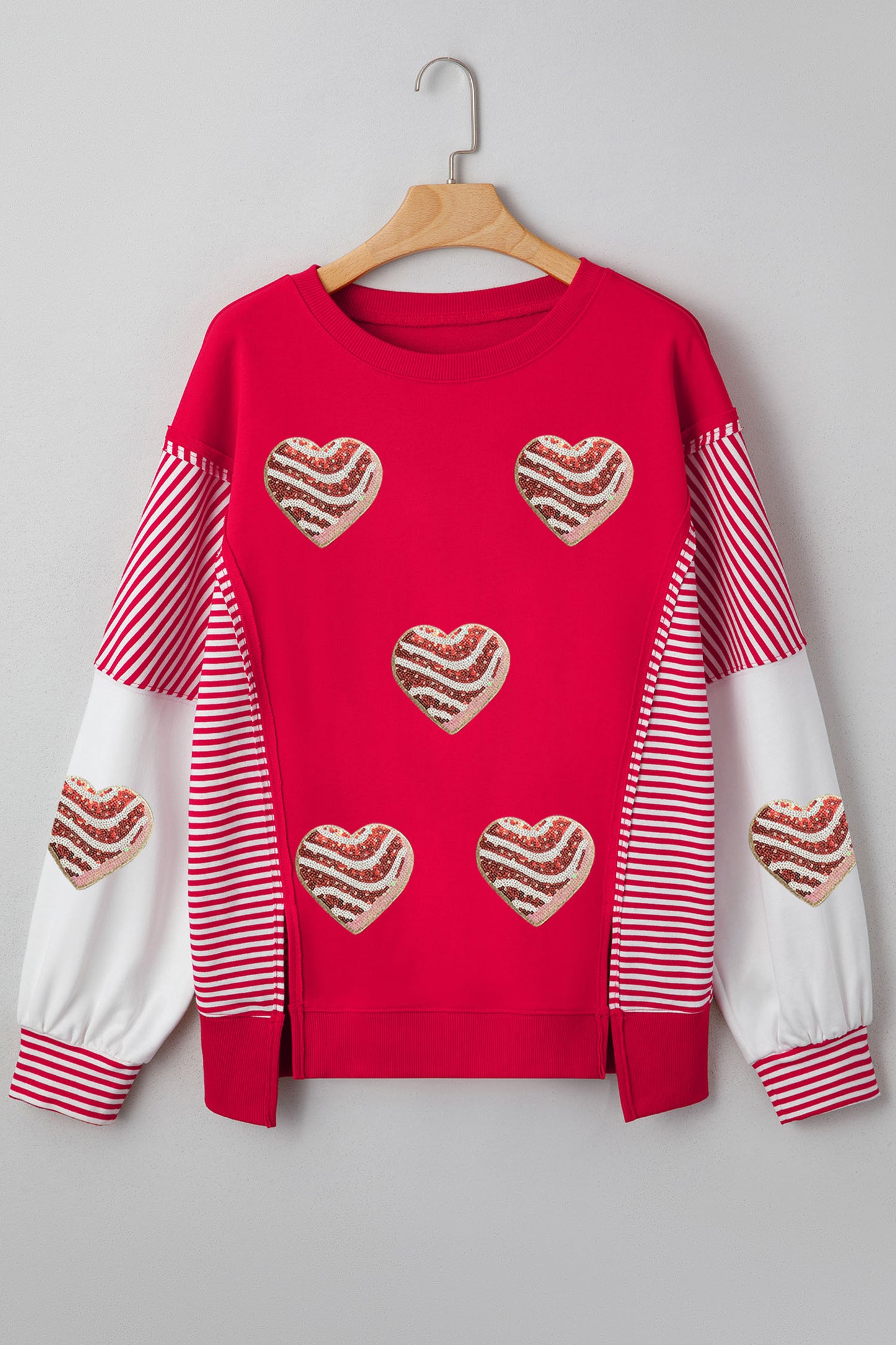 Fiery Red Color Block Striped Patchwork Valentines Day Sequin Heart Graphic Sweatshirt