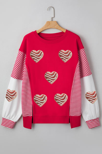 Fiery Red Color Block Striped Patchwork Valentines Day Sequin Heart Graphic Sweatshirt