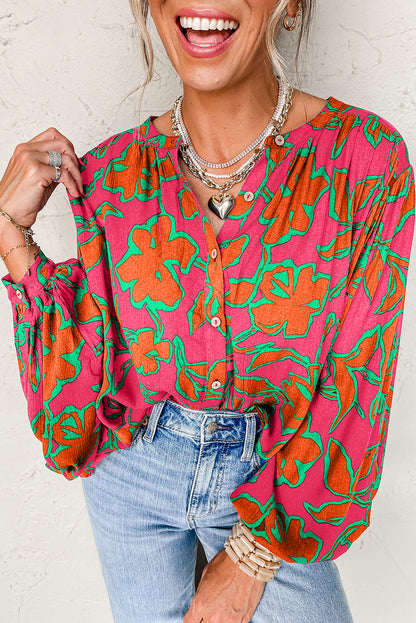 Gray Morn Floral Print Batwing Sleeve Buttoned Loose Fit Shirt